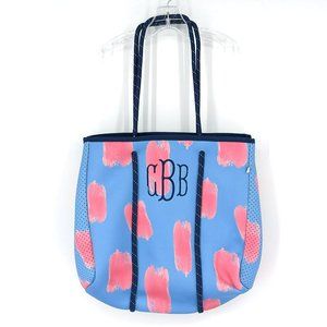 MarleyLilly Tote Bag Blue Pink Paintbrush Monogram CBB Neoprene Lightweight New